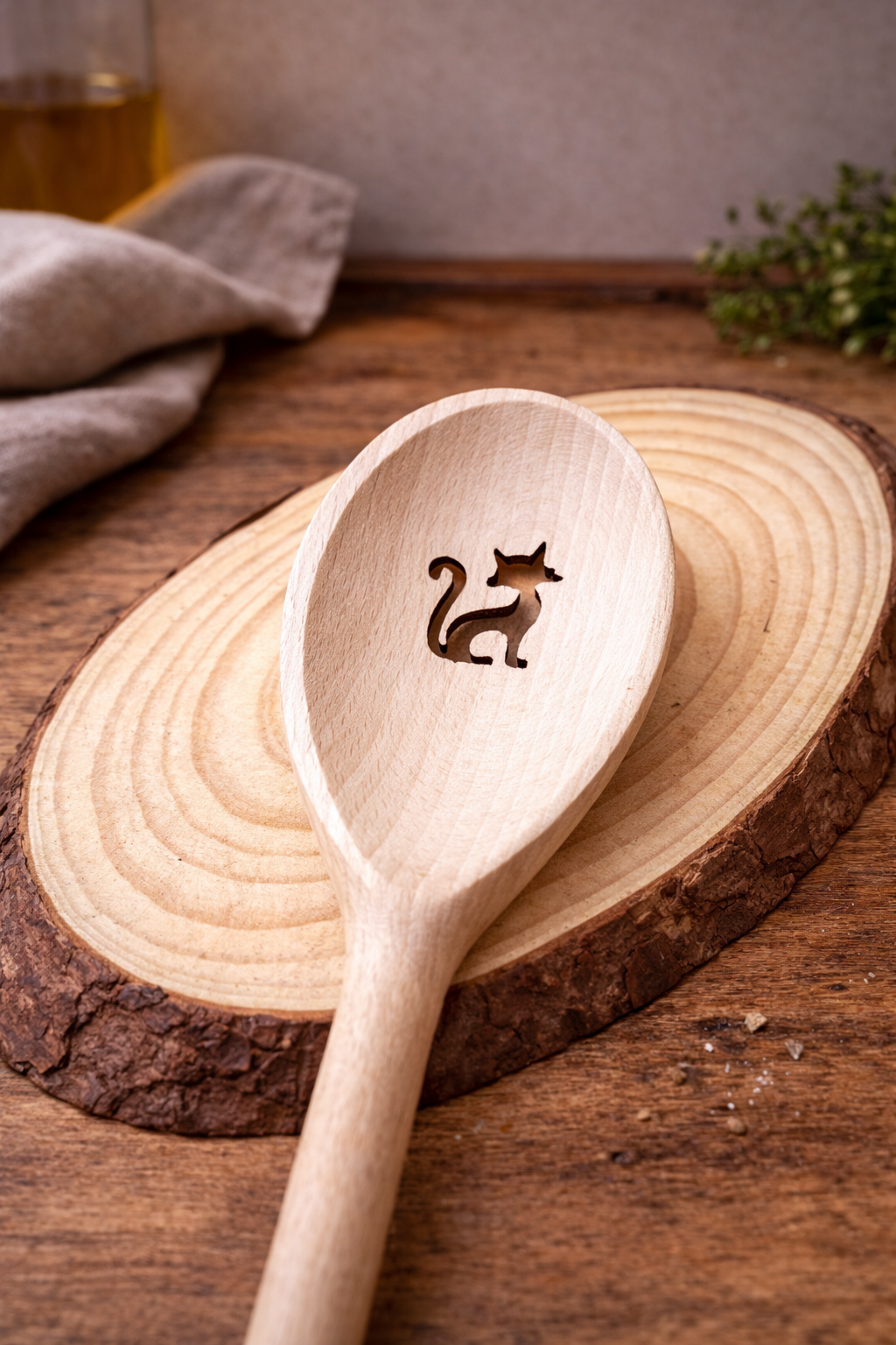 Kochlöffel oval Motiv Katze Buchenholz 30 cm