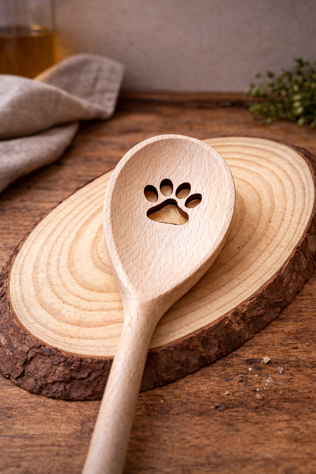 Kochlöffel oval mit Motiv Pfote Buchenholz 30 cm