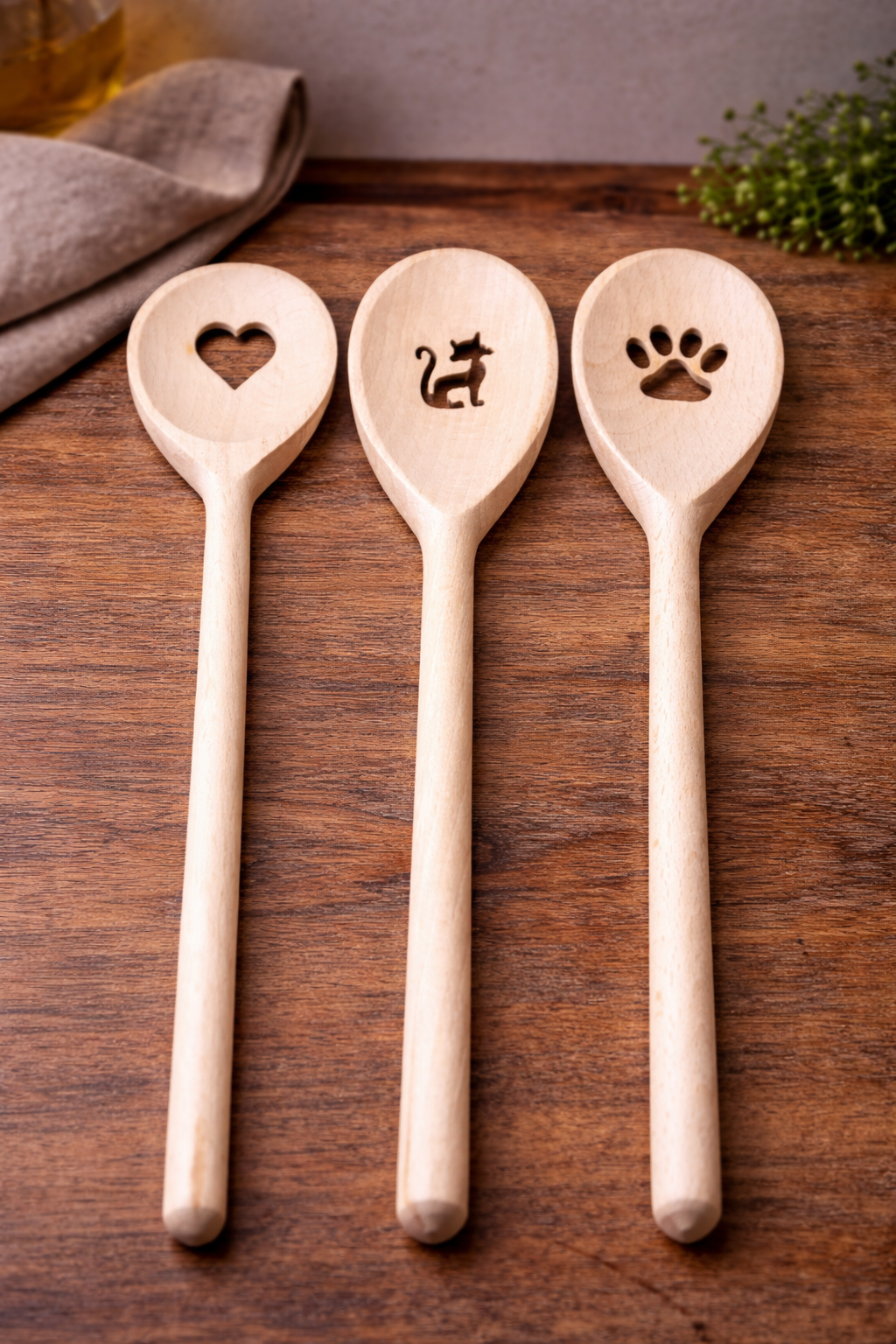 Kochlöffel oval Motiv Katze Buchenholz 30 cm