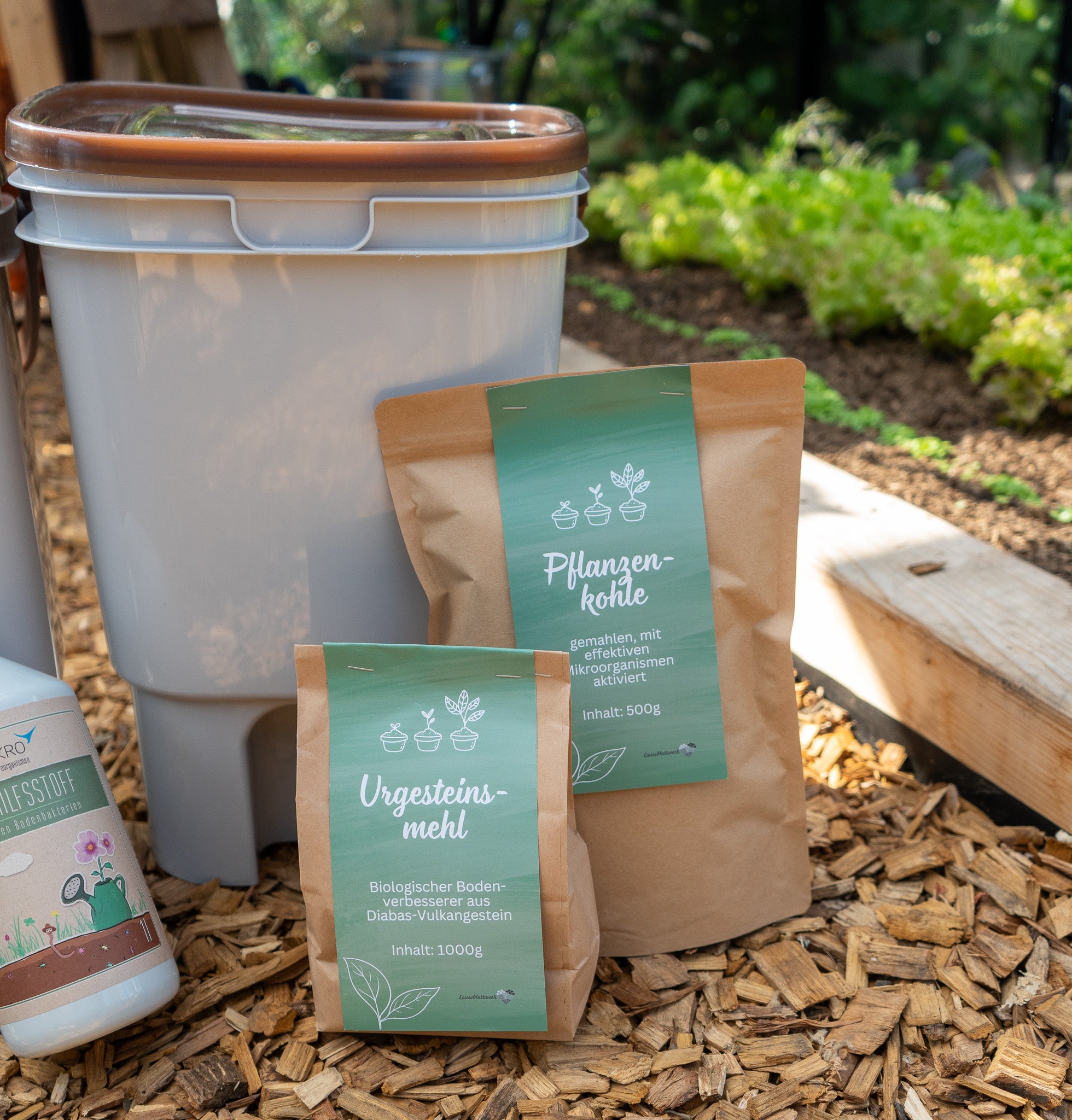 Bokashi Starter-Set 2x Bokashi-Eimer mit Pflanzenkohle, EM-Lösung und Urgesteinsmehl
